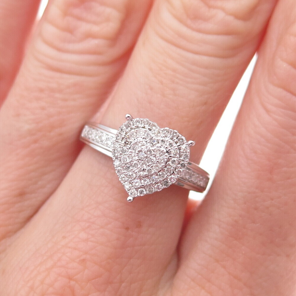 925 Sterling Silver Real Round-Cut Diamond Heart Ring Size 7